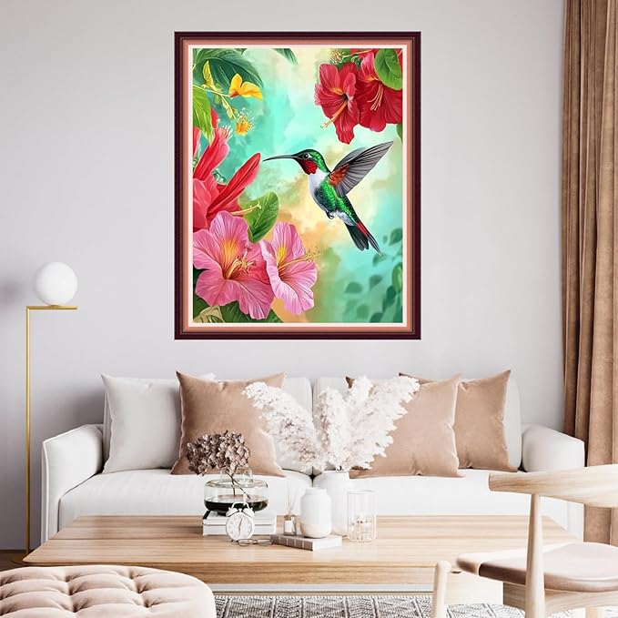 Fanxvivy Stamped Cross Stitch Kits for Beginners Full Range of Cross Stitching Preprinted Embroidery Kits for Adults, 11CT Embroidery Pattern Needlepoint Kits-Hummingbird Picking Flowers 16x20 inch