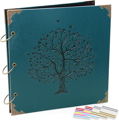 ADVcer Photo Album DIY Scrapbook, 10x10 inch 50 Pages Vintage Leather Cover Three-Ring Binder Family Picture Booth Albums with 408pcs Self Adhesive Photos Corners for Memory Keep, Tree (Jasper Green)