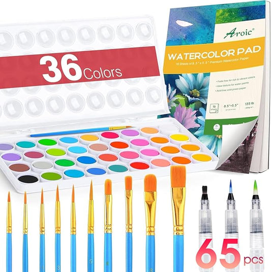 AROIC 65 Pieces Watercolor Paint Set,36 Colors Watercolor,10 Brushes,3 Refillable Water Brush Pens,16 Page Pad(8.5 * 5.5in),Profesional Watercolor Kit for Adults Artists, Beginners
