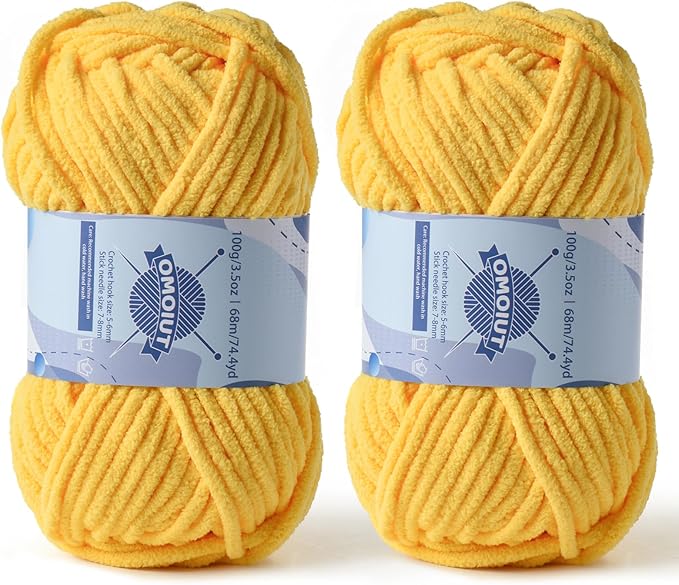 Chunky Chenille Yarn for Crocheting，Baby Yarn for Crocheting Soft Blankets，Bulky Yarns for Crochet Amigurumi，2×100g (2×74.3yds) Fluffy Velvet Yarns for Hand Knitting (2 Yellow)