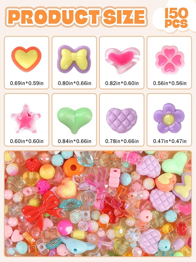150PCS Acrylic Pastel Beads for Jewelry Making, Kalolary Colorful Bow Butterfly Flower Kawaii Plastic Candy Heart Cute Macaroon Aesthetic Beads for Bracelet Necklace DIY Supplies (Multicolor)