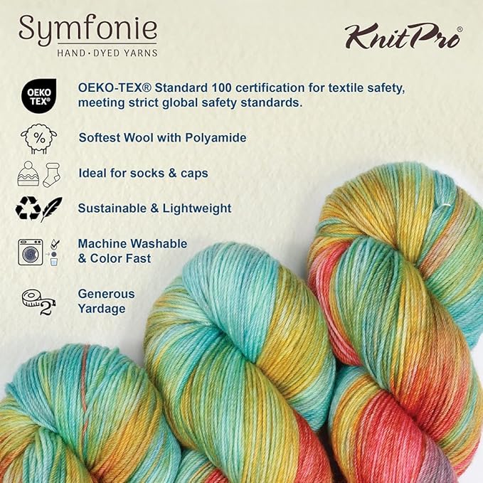 KnitPro Symfonie Hand Dyed Yarn | Extra Fine Merino Wool & Polyamide Blend for Knitting & Crocheting, Fingering Weight, Oeko-TEX Certified 400m, 100g Skein | Terra Variegated Mystic Lagoon