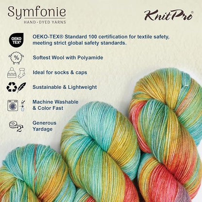 KnitPro Symfonie Hand Dyed Yarn | Extra Fine Merino Wool & Polyamide Blend for Knitting & Crocheting, Fingering Weight, Oeko-TEX Certified 400m, 100g Skein | Terra Variegated Mystic Lagoon