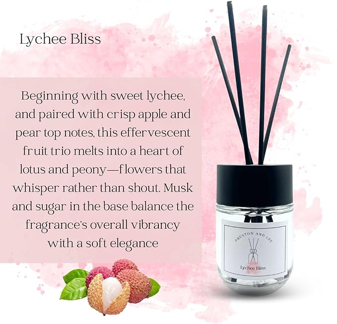 Preston and Lee Reed Diffuser Set | 100 ml (3.4 fl oz) Lychee Bliss Scent | Reed Diffuser Set | Aromatherapy Diffusers | Reed Diffuser Oil for Home and Spa Fragrance