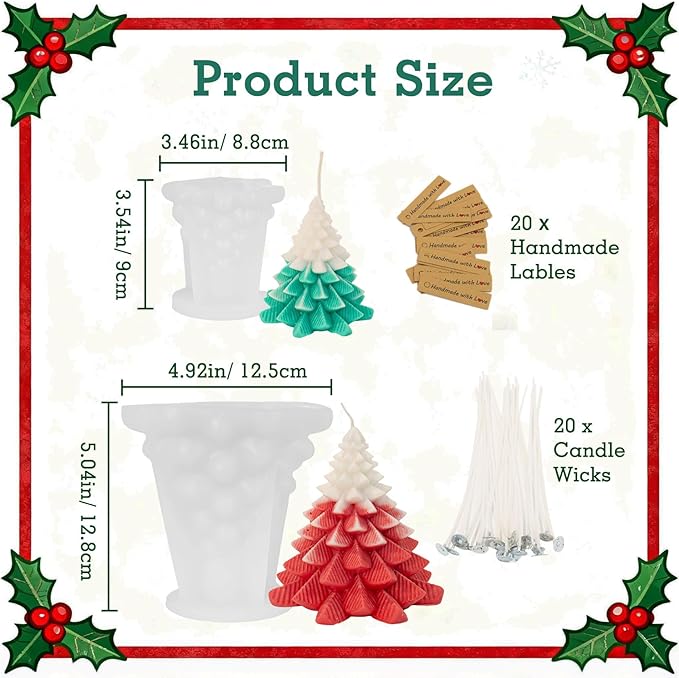 2Pcs Christmas Tree Candle Molds, 3D Silicone Mold for Candle Epoxy Resin Soap Cake Chocolate Making with 20 Wicks & Lables for DIY Xmas Gift Art Craft Home Decoration