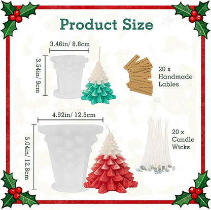 2Pcs Christmas Tree Candle Molds, 3D Silicone Mold for Candle Epoxy Resin Soap Cake Chocolate Making with 20 Wicks & Lables for DIY Xmas Gift Art Craft Home Decoration