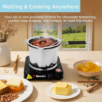 Professional Double Boiler Pot 1200ML/40.6OZ, 304 Stainless Steel Chocolate Melting Pot with 1000W Electric Hot Plate, Multi-Functions Warming Melting Pots for Wax Soap Base Candy Cheese Butter