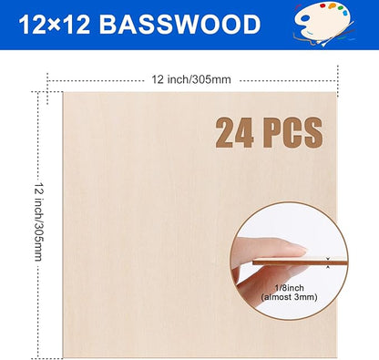 24 Pack Basswood Sheets 12"x12"x1/8", 3mm Basswood for Laser Cutting and Engraving,Plywood Sheets Unfinished Wood for Crafts,Thin Wood Sheet for Wood Burning,DIY Christmas Ornaments,Building Model.