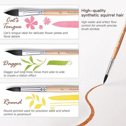 Watercolor Brush Set, Fuumuui 10pcs Professional Synthetic Squirrel Paint Brushes for Artists - Flat, Round Pointed, Dagger, Cats Tongue Oval Wash