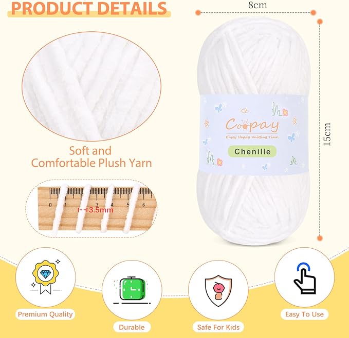 Coopay Chenille Yarn for Crocheting/Knitting, 8 Pack Medium Worsted Weight Yarn of 50g/1.76oz - Total 520yd, Soft Velvet Crochet Yarns for Plush Toys, Baby Blankets, Scarves (White)