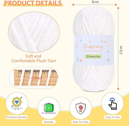 Coopay Chenille Yarn for Crocheting/Knitting, 8 Pack Medium Worsted Weight Yarn of 50g/1.76oz - Total 520yd, Soft Velvet Crochet Yarns for Plush Toys, Baby Blankets, Scarves (White)