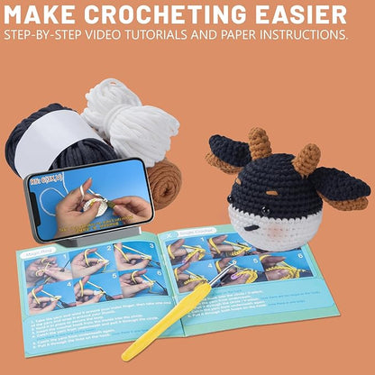 EOKPHULL Crochet Kit for Beginners, Easy DIY Crochet & Knitting Kit for Adults with Step-by-Step Video Tutorials, Yarns, Stuffing, Crochet Hook and Accessories, Crochet Craft Set Birthday Gifts (Cow)