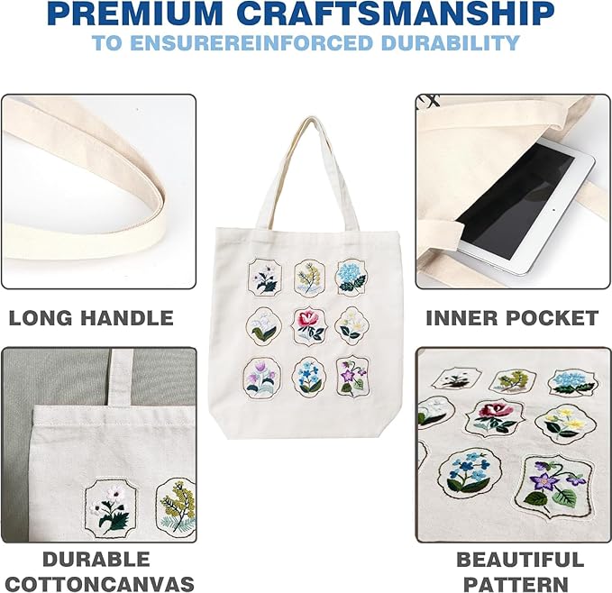 SUPBRAIN Embroidery kit, Canvas Tote Bag Embroidery Kit, Include Stamped Flower Pattern, Hoop, Color Threads and Tool, Suitable for Beginners, Adults Arts and DIY Crafts Kits (White)