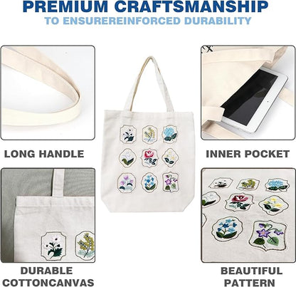 SUPBRAIN Embroidery kit, Canvas Tote Bag Embroidery Kit, Include Stamped Flower Pattern, Hoop, Color Threads and Tool, Suitable for Beginners, Adults Arts and DIY Crafts Kits (White)