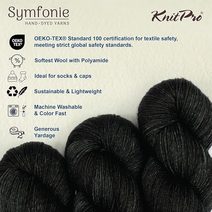 KnitPro Symfonie Hand Dyed Yarn | Extra Fine Merino Wool & Polyamide Blend for Knitting & Crocheting, Fingering Weight, Oeko-TEX Certified 400m, 100g Skein | Terra Semi-Solid Black Pepper