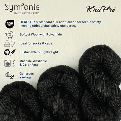 KnitPro Symfonie Hand Dyed Yarn | Extra Fine Merino Wool & Polyamide Blend for Knitting & Crocheting, Fingering Weight, Oeko-TEX Certified 400m, 100g Skein | Terra Semi-Solid Black Pepper