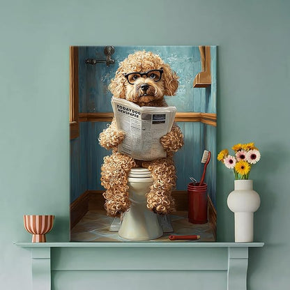 WENGTIAO Funny Dog Framed Canvas Wall Art Brown Poodle On Toilet Reading Newspaper Print Poster Humor Animal Bathroom Painting Pictures Dog Lovers Restroom Artwork for Home Washroom 12x16in