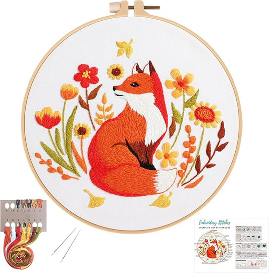 Louise Maelys Fall Fox Embroidery Kits for Beginners with Autumn Animal Pattern,Adults Starter Cross Stitch Kit DIY Needlepoint