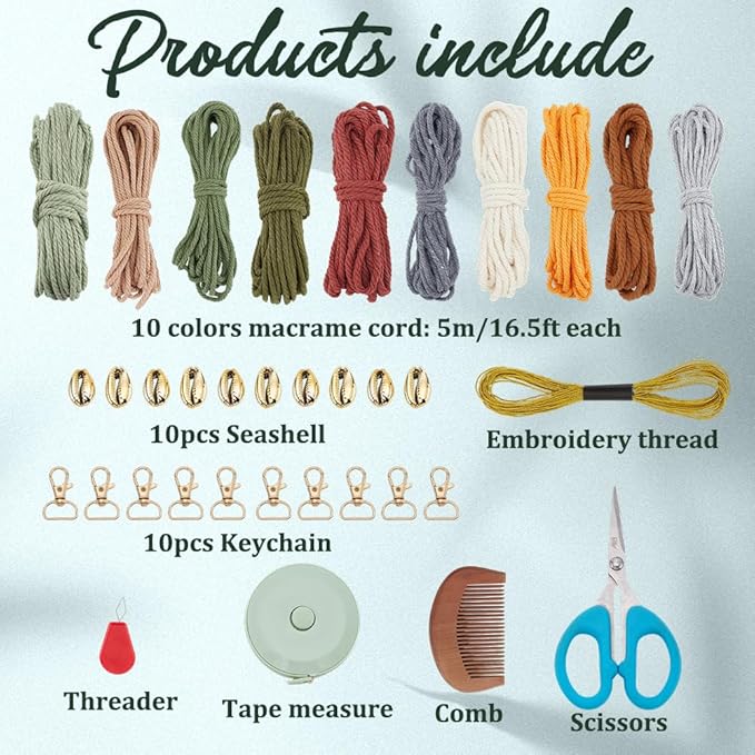 FREEBLOSS 10 Set DIY Macrame Keychain Kit for Beginners Golden Cowrie Macrame Hanging Ornament Boho Keychain Making Kit with Enough Cotton Cord