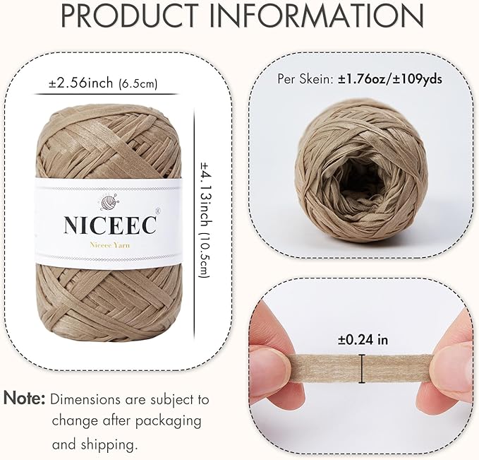 NICEEC 2 Skeins Soft Tape for Crocheting, Craft Paper, Easy Crochet Raffia, Ribbon, DIY Craft Gift Wrapping - Total Length 1.76oz2/109yds2 - Khaki