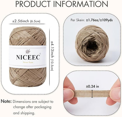 NICEEC 2 Skeins Soft Tape for Crocheting, Craft Paper, Easy Crochet Raffia, Ribbon, DIY Craft Gift Wrapping - Total Length 1.76oz2/109yds2 - Khaki