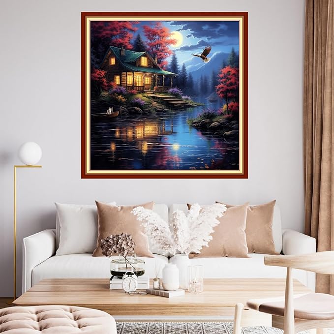 Funchey Stamped Cross Stitch Kits, DIY Cross Stitch Pattern for Adults Beginners Needlepoint Kits Embroidery Kit Arts and Crafts 11CT&Night Moon by The River 18x18 inchs
