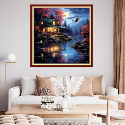 Funchey Stamped Cross Stitch Kits, DIY Cross Stitch Pattern for Adults Beginners Needlepoint Kits Embroidery Kit Arts and Crafts 11CT&Night Moon by The River 18x18 inchs