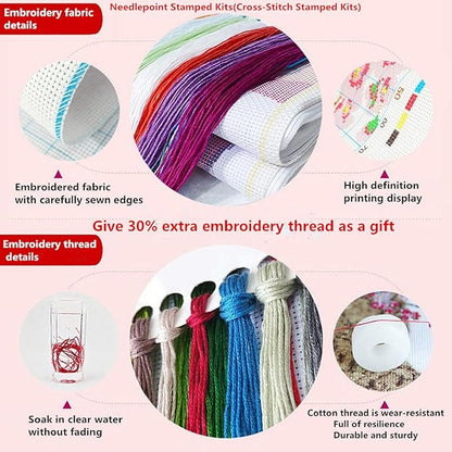 DMCCRAFT Stamped Cross Stitch Kits for Adults 11CT Printed Cross-Stitch Patterns Embroidery Kits Easy Cross Stitching Needlepoint Kits&Drinking Tea on The Beach by The Seaside 18x18 inch
