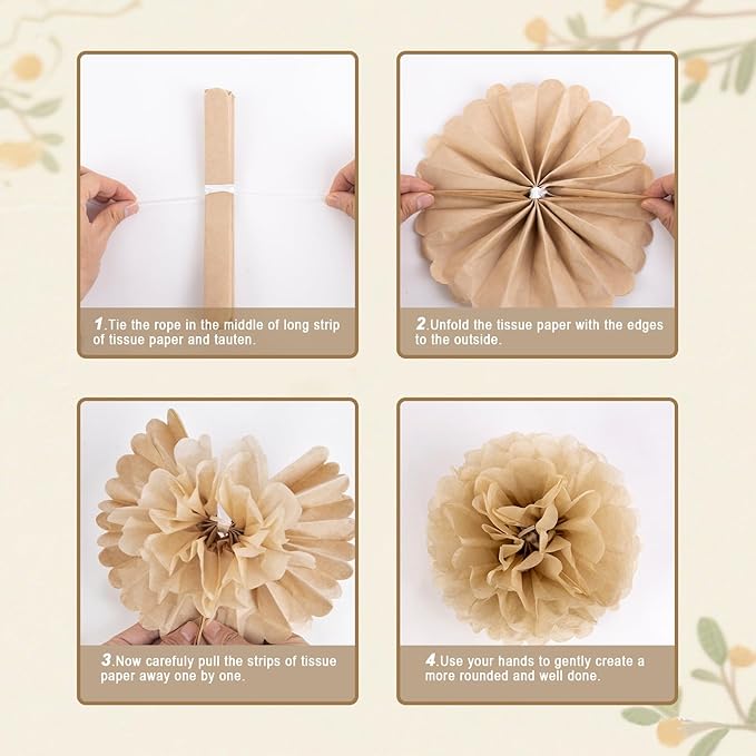 SUNBEAUTY 15 PCS Boho Champagne Pom Poms Tissue Paper Flowers, Wall Hanging Decor Neutral Party Wedding Decorations,Cream Beige White Paper Flowers for Wedding Birthday Bridal Showers Party Supplies