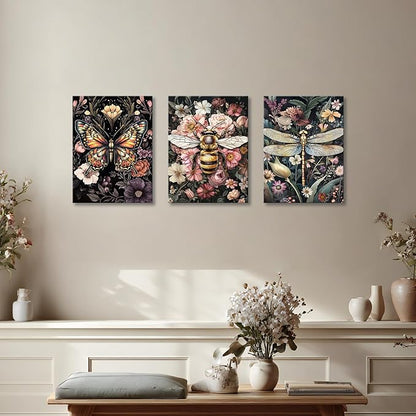 WENGTIAO 3Pcs Vintage Insect Canvas Wall Art Gothic Dark Flower Prints Bee Butterfly Dragonfly Pictures Nature Plant Paintings Artwork for Living Room Bathroom Bedroom 12x16x3