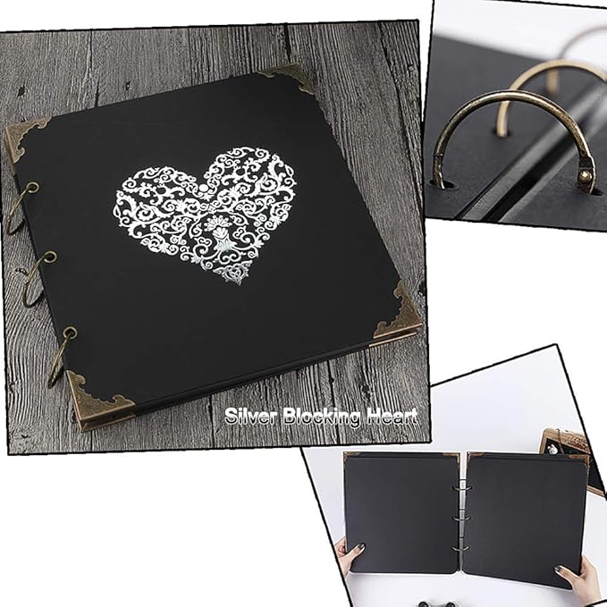 ADVcer Photo Album DIY Scrapbook, 10x10 inch 50 Pages Double Sided, Vintage Hardcover Three-Ring Binder Picture Booth Albums with 6 Colors 408pcs Self Adhesive Photos Corners for Memory Keep (Black)