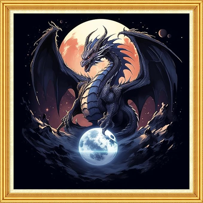 Foxhool Stamped Cross Stitch Kits,11CT Printed Cross Stitch Pattern Full Embroidery Kits for Beginner Needlepoint Kits-Moon Dragon 18x18 inch