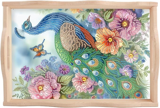 JZHYOAN Diamond Painting Trays for Adults, DIY Peacock Creative Design, Large Serving Platte for Living Room Dining Art Fruit Platters Entertaining Breakfast Coffee Table Home Decoration