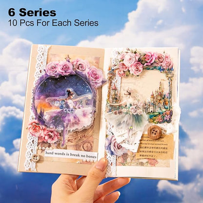 AuriicLeaf Fantasy Frame PET Sticker Set, 60PCS Board Ephemera for Scrapbooking, Junk Journaling, Crafts, DIY and Art Supplies