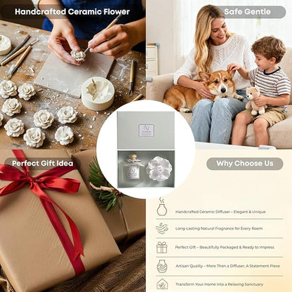 Pretty Valley Home Reed Diffuser Sets, 6.76 Fl. Oz / 200ML Ceramic Diffuser Flower Gift Box, Home Reed Diffuser for Bathroom Office Bathroom Living Room Decor (White Jasmine White)