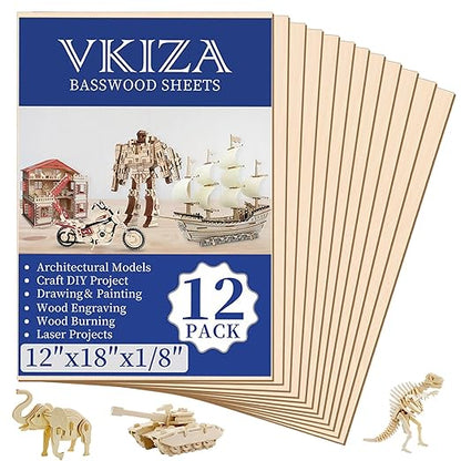 VKIZA 12 Pack Basswood Sheets for Crafts 12x18x1/8 Inch, 3mm Thick Unfinished Plywood for Laser Cutting & Engraving, DIY Ornaments and Architectural Model