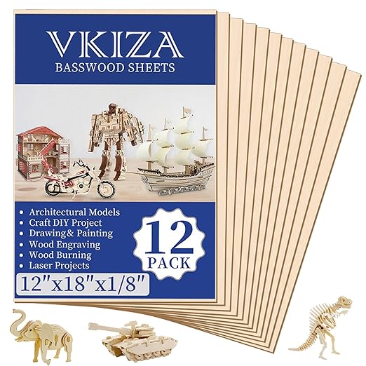VKIZA 12 Pack Basswood Sheets for Crafts 12x18x1/8 Inch, 3mm Thick Unfinished Plywood for Laser Cutting & Engraving, DIY Ornaments and Architectural Model