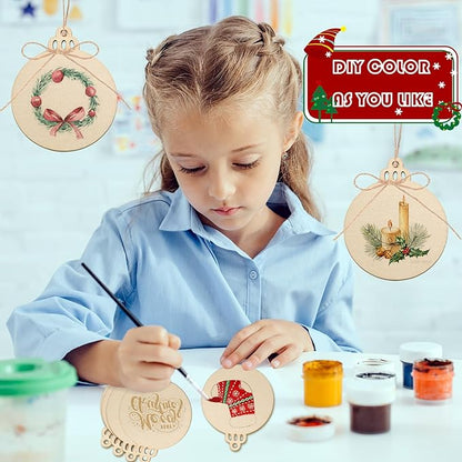 Artmag 100pcs Christmas Unfinished Wood Wooden DIY Hanging Ornaments Blank Round Wood Discs for Crafts Centerpieces Holiday Christmas Hanging Decor Decorations