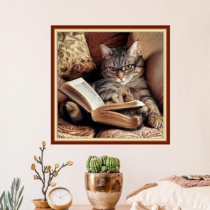 Artvxeay Stamped Cross Stitch Kits | Embroidery Kits for Beginners Craft Kit Needlepoint for Adults Supplies DIY 11CT-Cat Reading 18x18 inch