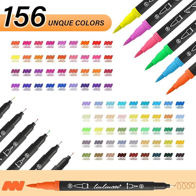 LIULIUCAI 156 Colors Dual Tip Markers Brush Pens, Fine & Brush Tip Art Markers for Adult Coloring Book Drawing Calligraphy, Colored Pen Christmas Gifts Stocking Stuffers for Teen Art Supplies