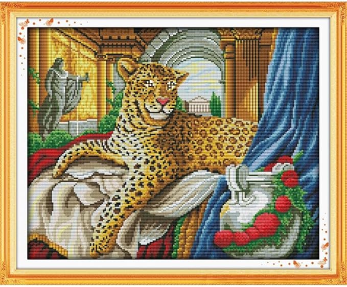 JOYSEWING Spotted Leopard Cross Stitch 11CT Fabric Stamped Kits for Adults Animal Patterns Big Embroidery Starter Kits for Beginners DIY Wall Art Home Decor (Leopard(11CT) 22.05 ×18.11 inch)