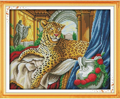 JOYSEWING Spotted Leopard Cross Stitch 11CT Fabric Stamped Kits for Adults Animal Patterns Big Embroidery Starter Kits for Beginners DIY Wall Art Home Decor (Leopard(11CT) 22.05 ×18.11 inch)