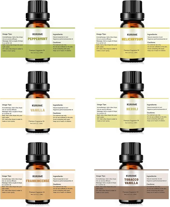 KURJIME Essential Oil Set, Earthy Scents Fragrance Oil Essential Oils for Diffuser Oil Scents | Peppermint, Frankincense, Vanilla, Helichrysum, Neroli, Tobacco Vanilla Scented Oils, 6x10ml