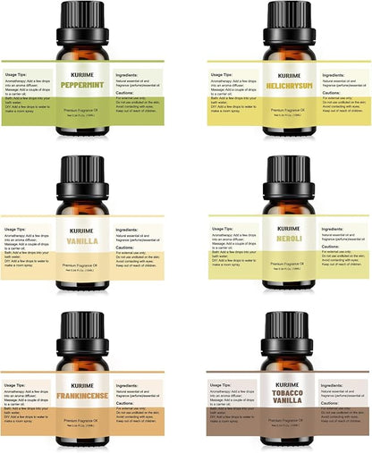 KURJIME Essential Oil Set, Earthy Scents Fragrance Oil Essential Oils for Diffuser Oil Scents | Peppermint, Frankincense, Vanilla, Helichrysum, Neroli, Tobacco Vanilla Scented Oils, 6x10ml