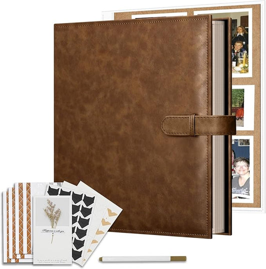 Vienrose 13x11 Inch 3 Ring DIY Scrapbook Album Gift Set, Faux Leather Cover Blank Scrapbooks Photobook with 30 Plastic Sleeves 60 Kraft Pages for Valentine Gift Wedding Family Anniversary DarkBrown