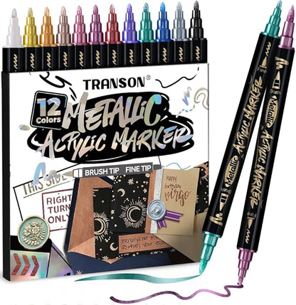 TRANSON 12Colors Metallic Paint Markers Brush and Fine Dual-tip for Rock Wood Ceramic Canvas DIY Painting Drawing