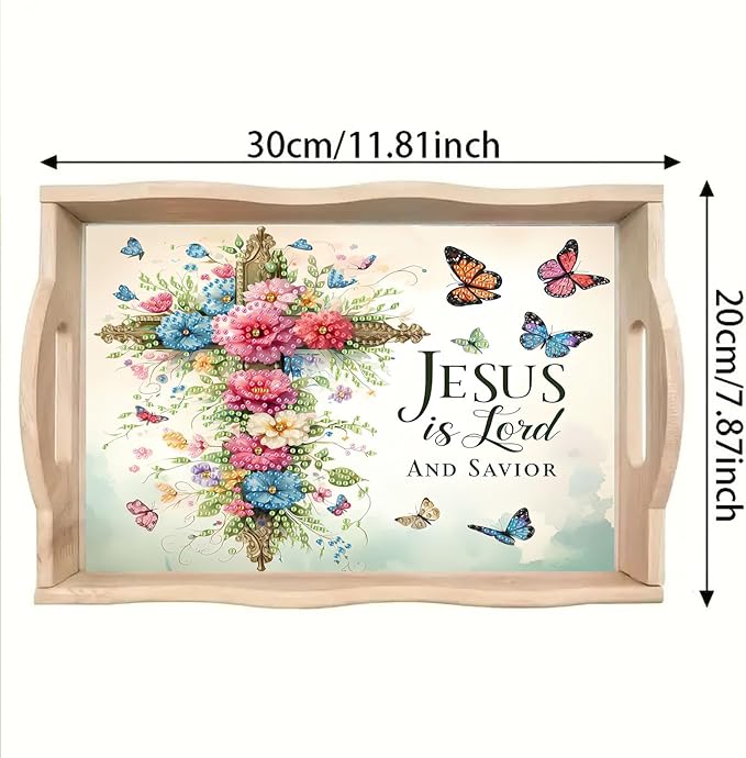 DoxQcs DIY Diamond Art Wooden Tray Kit Easter Food Tray with Handle Diamond Painted Table Decoration Tray for Breakfast Bar Dinner Table Diamond Art Painting for Beginners-#09-Flower Cross