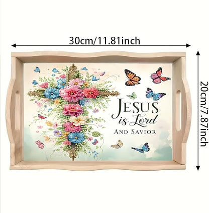 DoxQcs DIY Diamond Art Wooden Tray Kit Easter Food Tray with Handle Diamond Painted Table Decoration Tray for Breakfast Bar Dinner Table Diamond Art Painting for Beginners-#09-Flower Cross