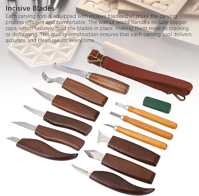 WALFRONT Wood Working Carving Tools High Hardness Wood Whittling Kit Walnut Deepen Insert Handle Scraper for Beginner Adults DIY