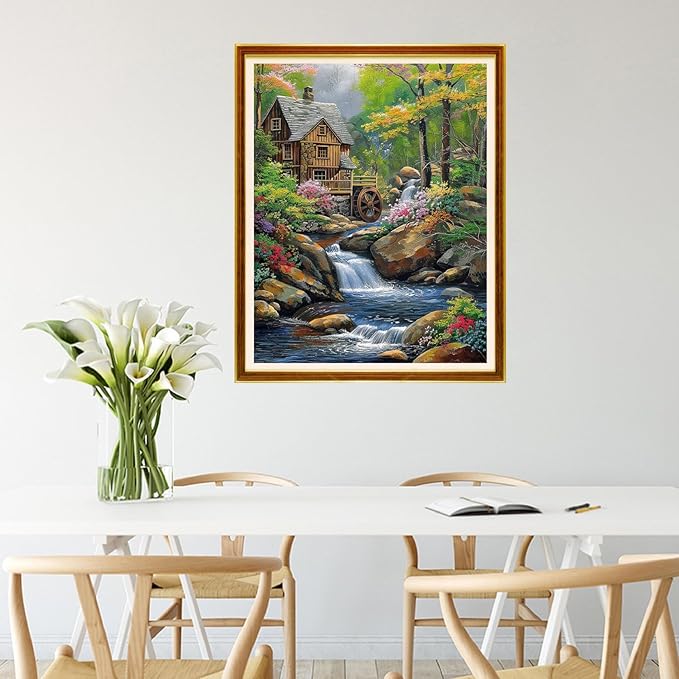 Joycasa Stamped Cross Stitch Kits for Beginners Full Range of Cross Stitching 11 CT Printed Cross Stitch Kit for Adults Cross-Stitch Patterns Needlepoint Kits-Waterwheel Scenery 16x20 inchs